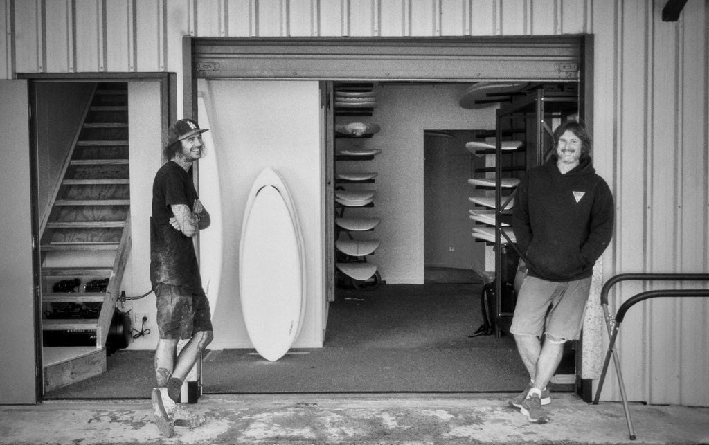 Surfboard builders Amos Barriskill and Nathan Tumon outside the Lucid Factory Lucid Glassing in Northern NSW Australia